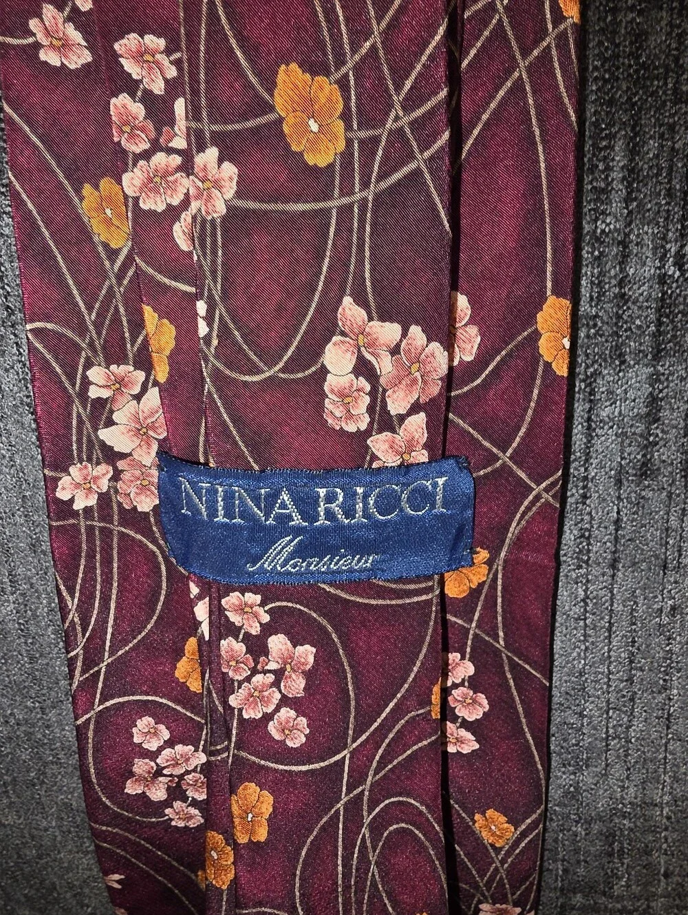 Nina Ricci Burgundy 100% Silk Tie with Pink and Orange Floral Print